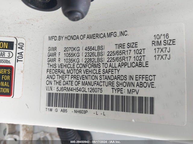 Honda CR-V EX 2016 5J6RM4H54GL126075 Image 9