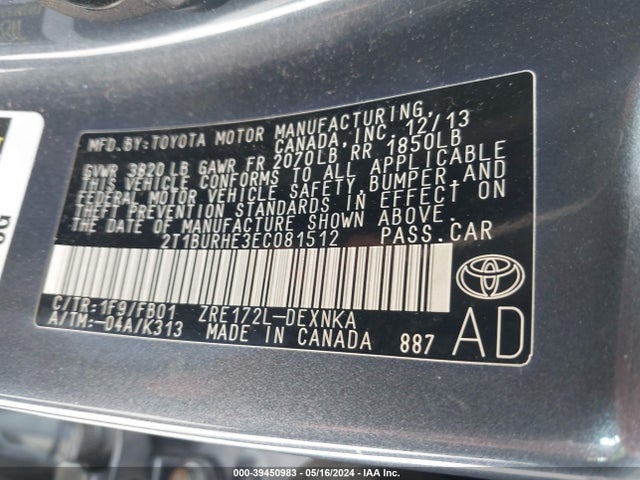 Toyota Corolla Le Plus 2014 2T1BURHE3EC081512 Image 9