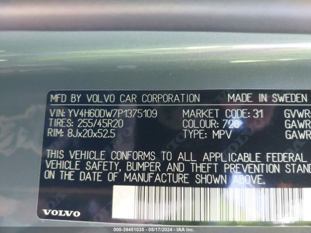 YV4H60DW7P1375109 Volvo Xc60 Recharge Plug-in Hybrid T8 Plus Dark Theme