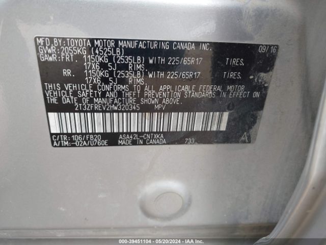 2T3ZFREV2HW320345 Toyota RAV4 LE