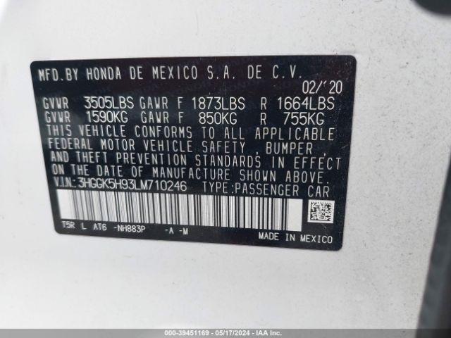 3HGGK5H93LM710246 Honda Fit Ex-l
