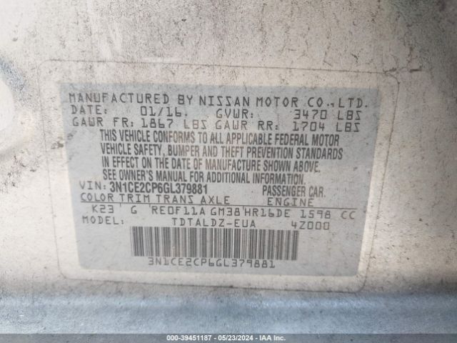 3N1CE2CP6GL379881 Nissan Versa Note S (sr)/s Plus/sl/sr/sv