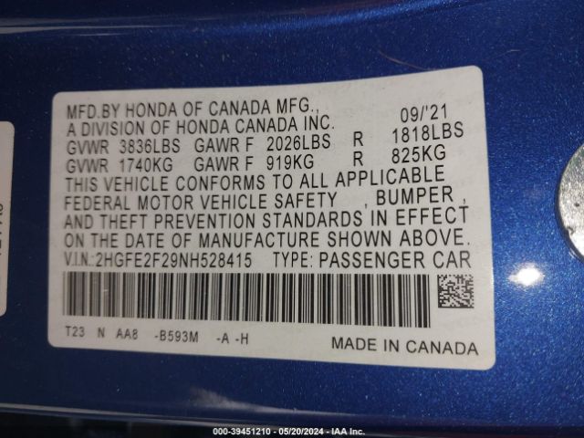 2HGFE2F29NH528415 Honda Civic Lx