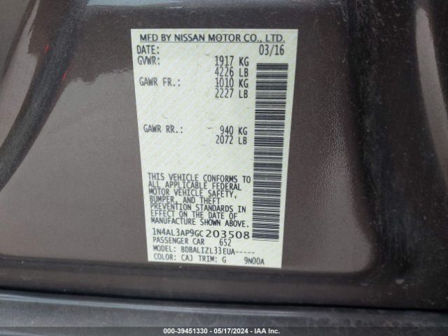 1N4AL3AP9GC203508 Nissan Altima 2.5/2.5 S/2.5 Sl/2.5 Sr/2.5 Sv