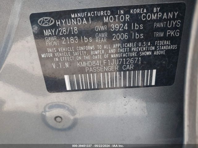 KMHD84LF1JU712671 Hyundai ELANTRA SEL