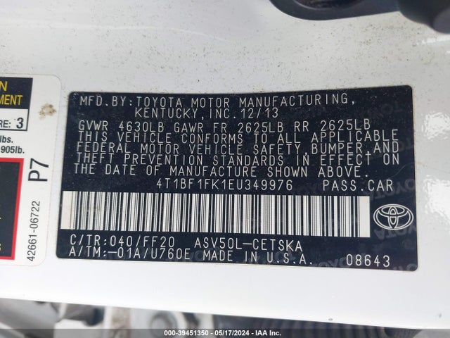 Toyota CAMRY SE 2014 4T1BF1FK1EU349976 Image 9