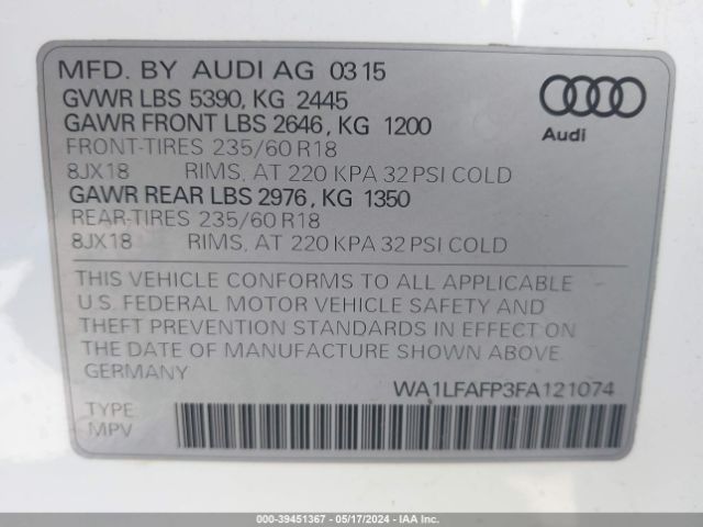 WA1LFAFP3FA121074 Audi Q5 2.0t Premium