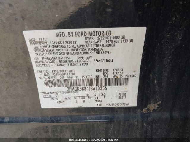 2FMGK5B84JBA10356 Ford FLEX SE