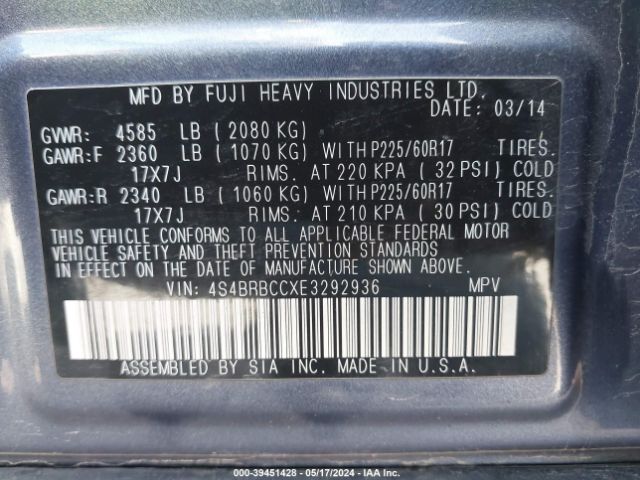 4S4BRBCCXE3292936 Subaru Outback 2.5i Premium