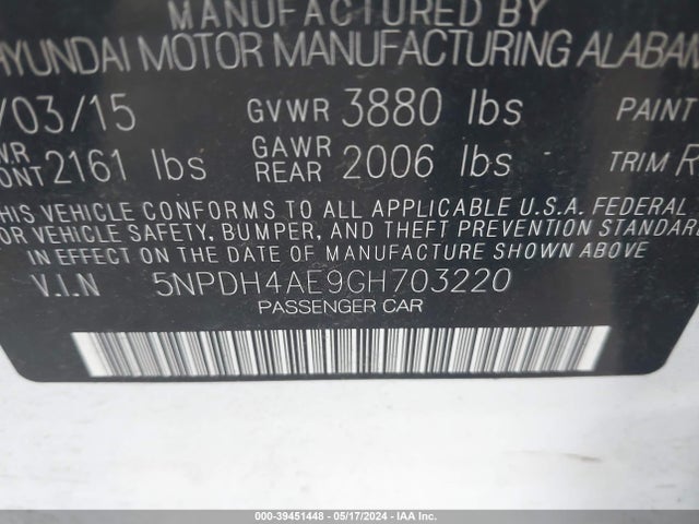 Hyundai ELANTRA SE 2016 5NPDH4AE9GH703220 Image 9