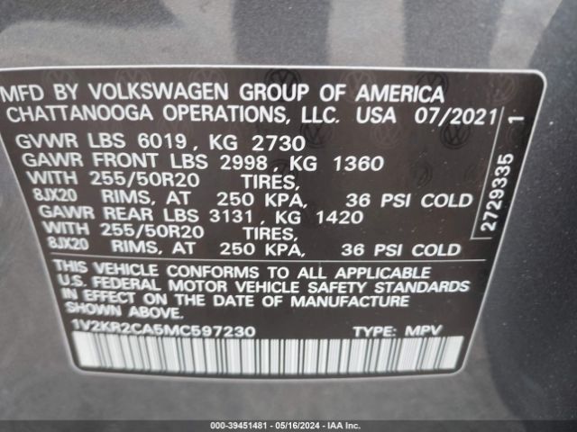 1V2KR2CA5MC597230 Volkswagen Atlas 3.6l V6 Se W/technology