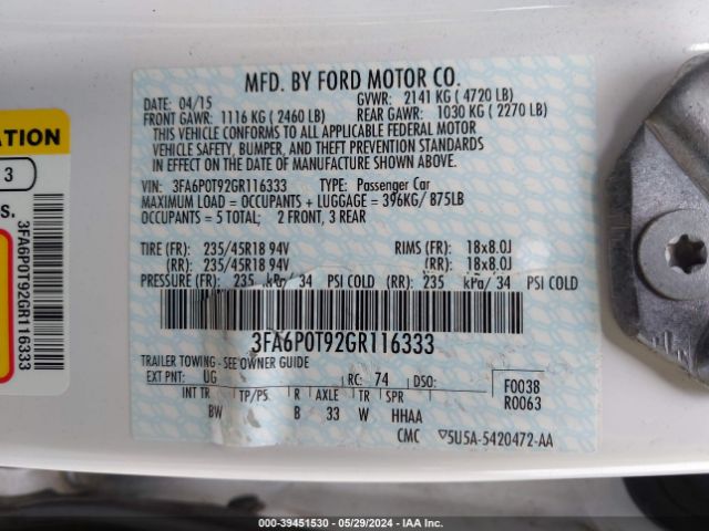 3FA6P0T92GR116333 Ford FUSION SE