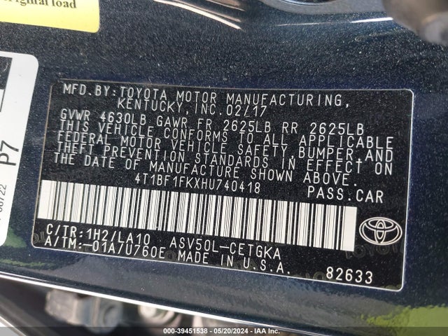 Toyota CAMRY XLE 2017 4T1BF1FKXHU740418 Image 9