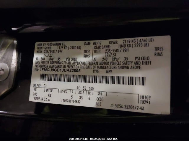 Ford ESCAPE SE 2018 1FMCU9GD1JUA22805 Image 9