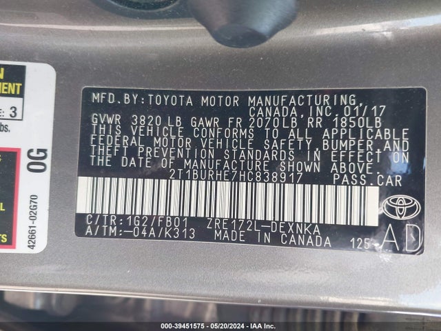 Toyota COROLLA LE 2017 2T1BURHE7HC838917 Image 9