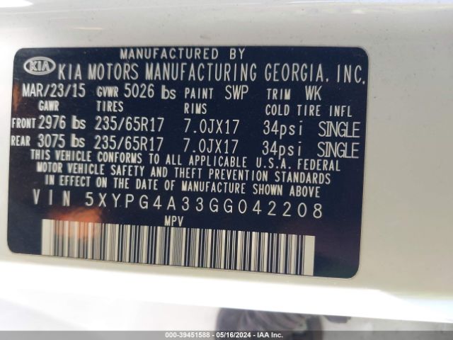 5XYPG4A33GG042208 KIA Sorento 2.4l Lx