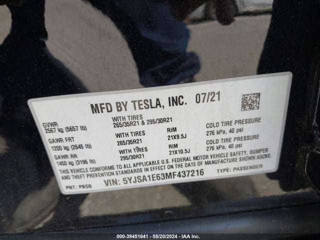 Tesla Model S Plaid Tri Motor All-wheel Drive 2021 5YJSA1E63MF437216 Image 9