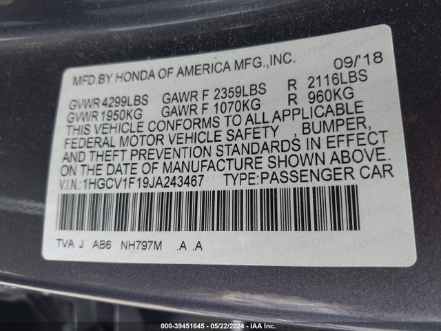 Honda ACCORD LX 2018 1HGCV1F19JA243467 Image 9