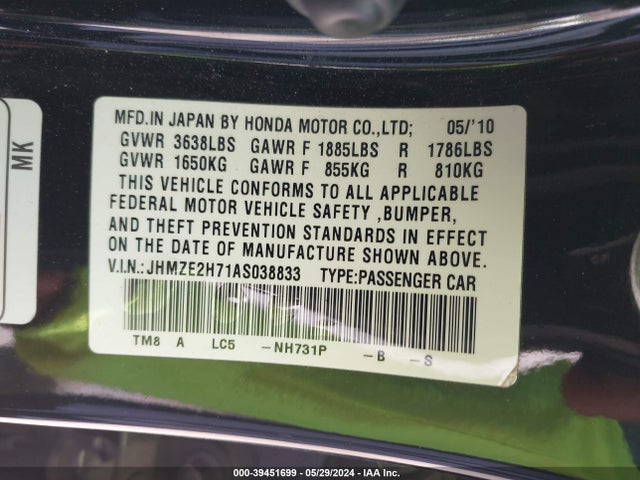 Auction sale of the 2010 Honda Insight Ex, vin: JHMZE2H71AS038833, lot number: 39451699