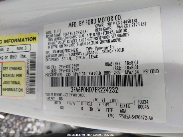 Ford FUSION SE 2014 3FA6P0HD7ER224232 Image 9