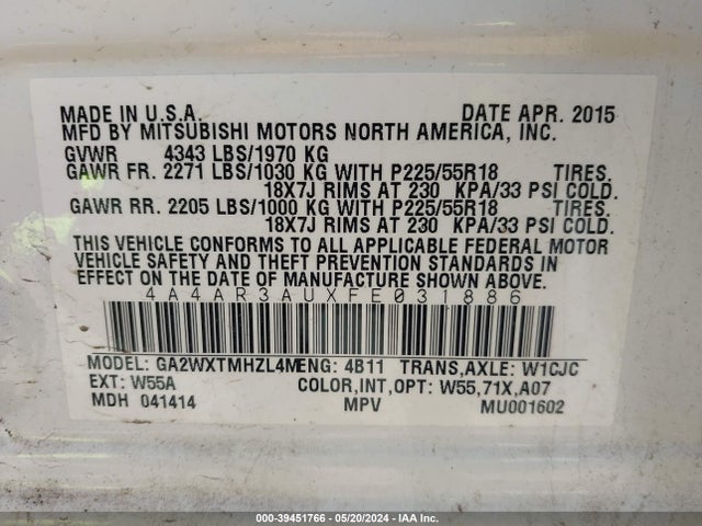 4A4AR3AUXFE031886 Mitsubishi Outlander Sport Es