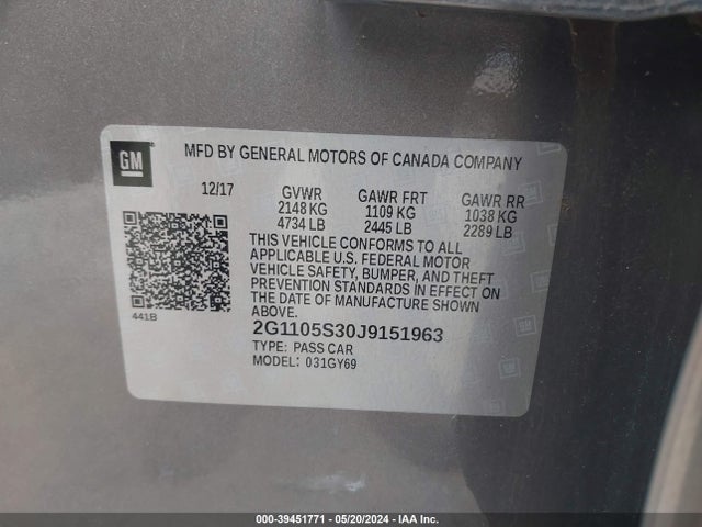 Chevrolet IMPALA 1LT 2018 2G1105S30J9151963 Image 9