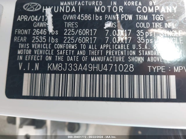 Hyundai TUCSON SE 2017 KM8J33A49HU471028 Image 9