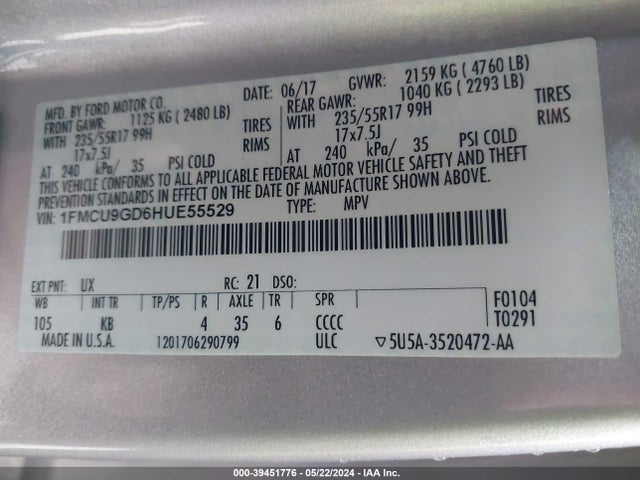 Ford ESCAPE SE 2017 1FMCU9GD6HUE55529 Image 9