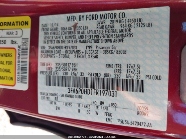 3FA6P0HD1FR197031 Ford FUSION SE