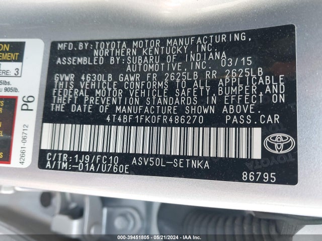 Toyota CAMRY LE 2015 4T4BF1FK0FR486270 Image 9