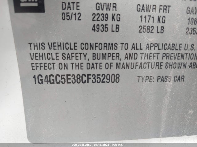 Aukcja sprzedaży 2012 Buick Lacrosse Leather Group, vin: 1G4GC5E38CF352908, numer aukcji: 39452050