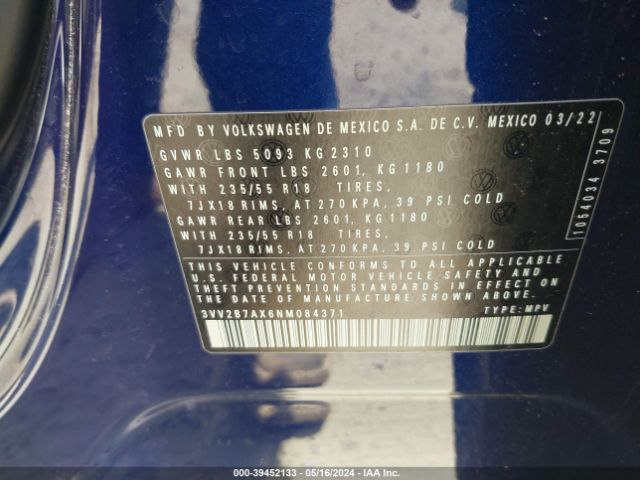 3VV2B7AX6NM084371 Volkswagen Tiguan 2.0t Se
