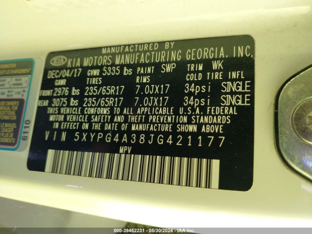 5XYPG4A38JG421177 KIA Sorento 2.4l Lx