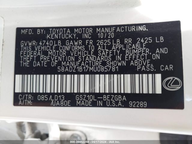 58ADZ1B17MU085781 Lexus ES 350