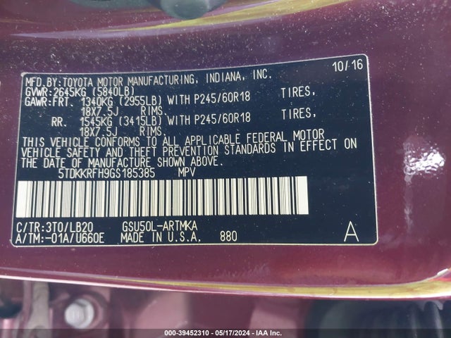 Toyota Highlander Xle V6 2016 5TDKKRFH9GS185385 Image 9