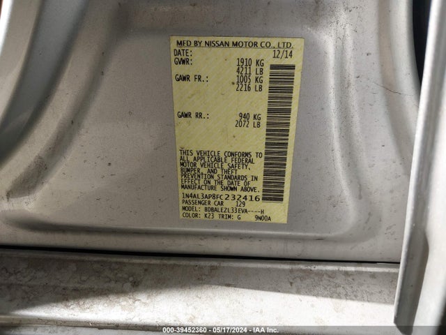 Nissan Altima 2.5 S 2015 1N4AL3AP8FC232416 Image 9