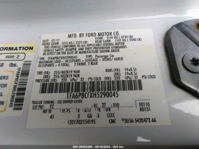1FA6P8CFXH5290045 Ford Mustang Gt Premium