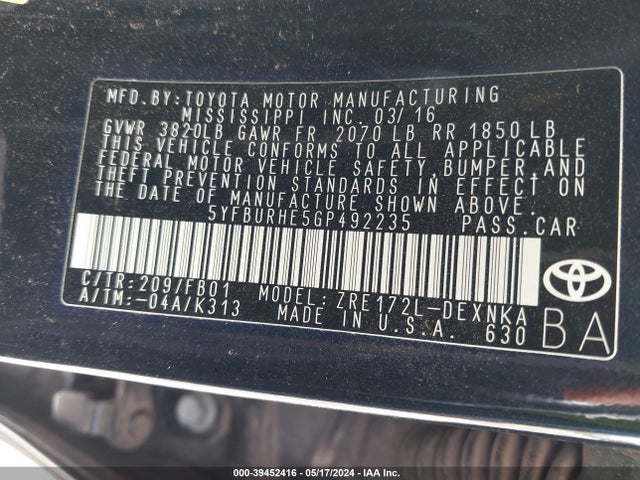 Toyota Corolla Le Plus 2016 5YFBURHE5GP492235 Image 9