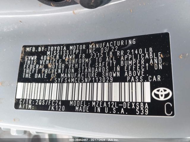 5YFS4MCE5NP113029 Toyota Corolla Se Apex Edition
