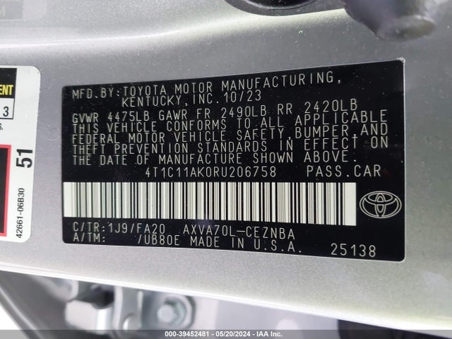 Toyota CAMRY LE 2024 4T1C11AK0RU206758 Image 9