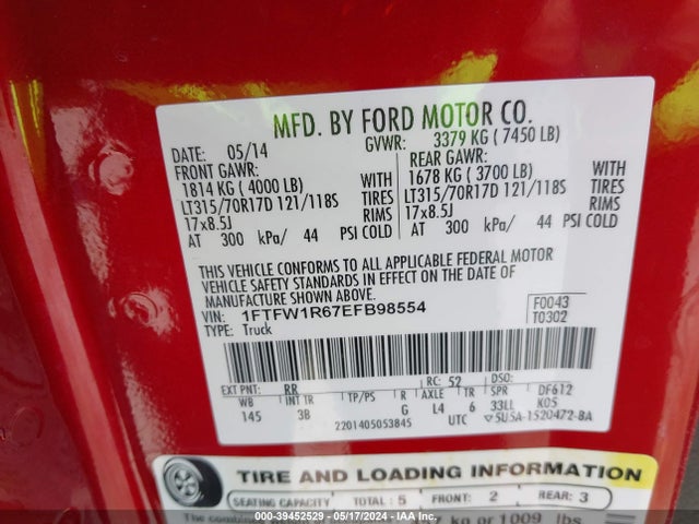 Ford F-150 Svt Raptor 2014 1FTFW1R67EFB98554 Image 9