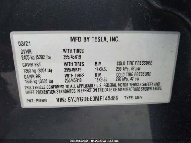 2021 TESLA MODEL Y 5YJYGDEE0MF145489 Photo 8