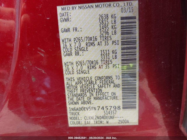 Nissan Frontier Sv 2015 1N6AD0EV5FN745798 Image 9