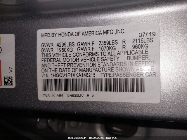 Honda ACCORD LX 2019 1HGCV1F1XKA146215 Image 9