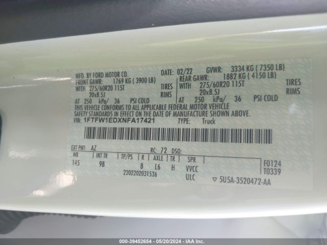 1FTFW1EDXNFA17421 Ford F-150 Platinum