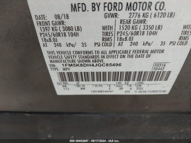 Ford EXPLORER XLT 2018 1FM5K8DH4JGC85496 Image 9