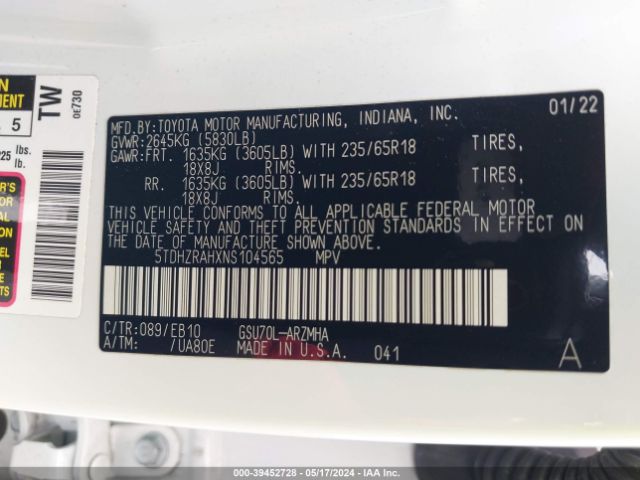 5TDHZRAHXNS104565 Toyota Highlander Xle