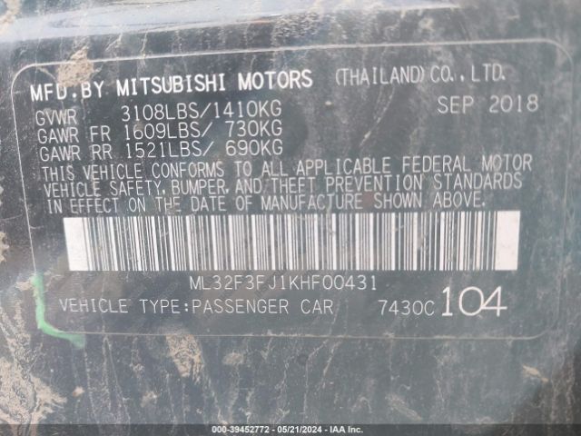 ML32F3FJ1KHF00431 Mitsubishi Mirage G4 Es