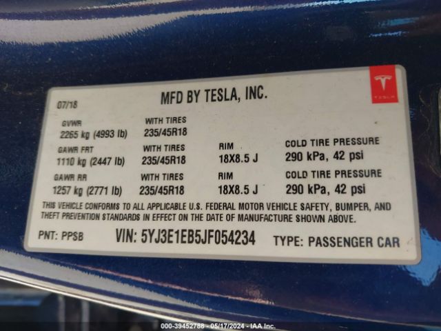 5YJ3E1EB5JF054234 Tesla Model 3 Long Range/performance