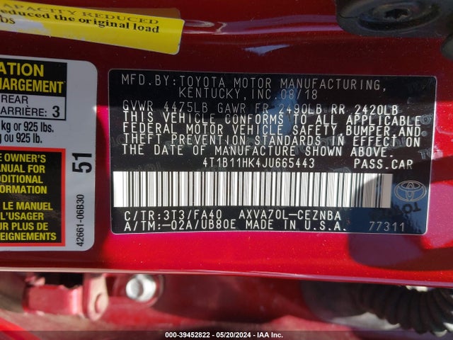 Toyota CAMRY LE 2018 4T1B11HK4JU665443 Image 9